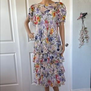 Vintage 70s Ann Hobbs for Cativa I Magnin floral tiered tea dress S